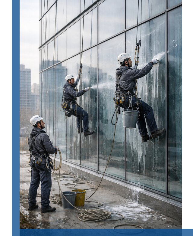 Промышленная мойка панорамных окон на высоте в Люберцах