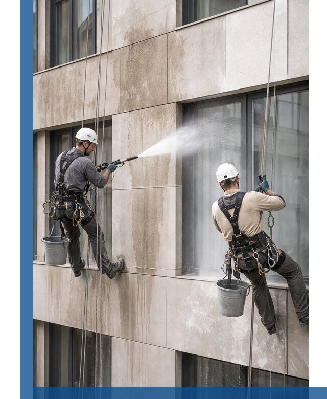 Послестроительная мойка фасада промышленным альпинизмом в Люберцах