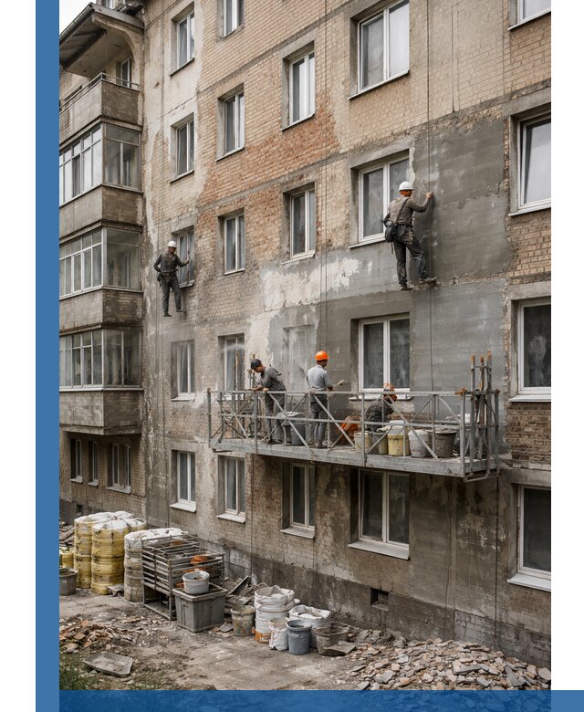 Капитальный ремонт фасада в Люберцах с восстановлением и гидроизоляцией