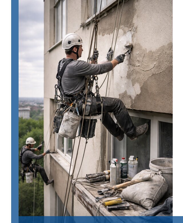 Косметический ремонт фасада зданий в Люберцах промышленными альпинистами