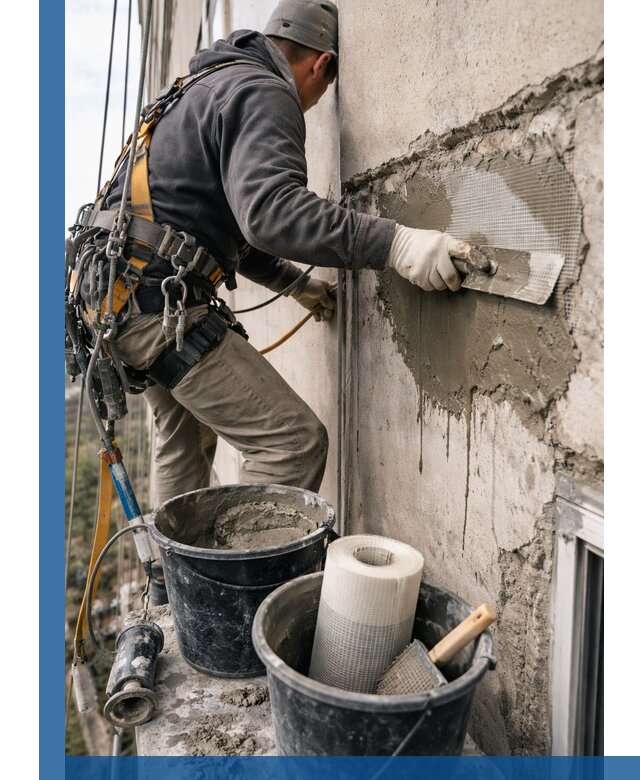 Ремонт бетонных элементов фасада промышленными альпинистами в Люберцах