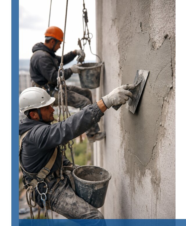 Штукатурка фасада на высоте в Люберцах профессиональные работы