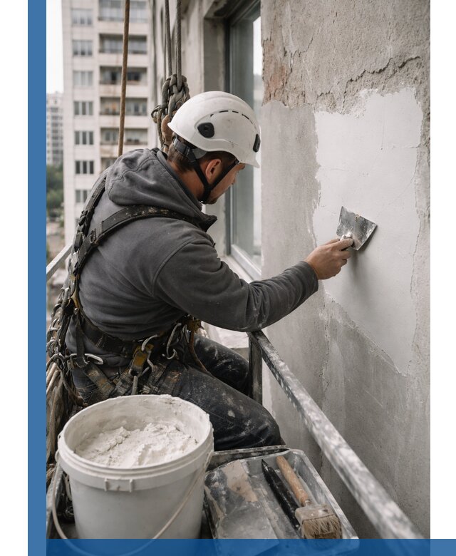 Шпаклевка фасадов на высоте с промальпинистами в Люберцах