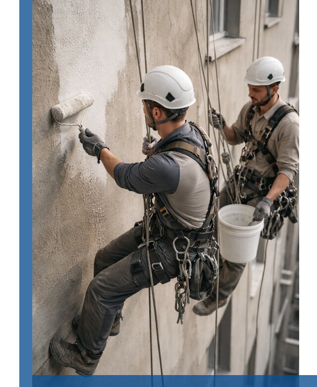 Грунтовка фасада на высоте в Люберцах промышленными альпинистами