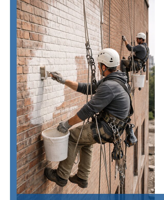 Покраска кирпичного фасада с доступным альпинистским сервисом в Люберцах