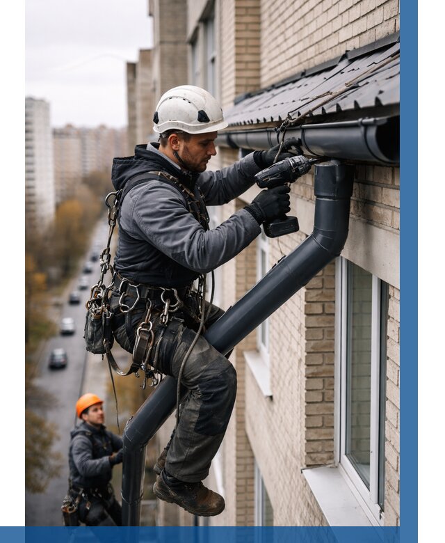 Монтаж водосточной системы на здании в Люберцах от 5261 р. | ВЫСОТНИК-Люб