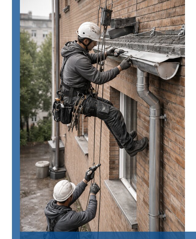 Монтаж водосточной системы на здании в Люберцах под ключ