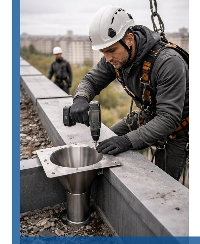 Монтаж водосточных воронок в Люберцах для промышленных зданий