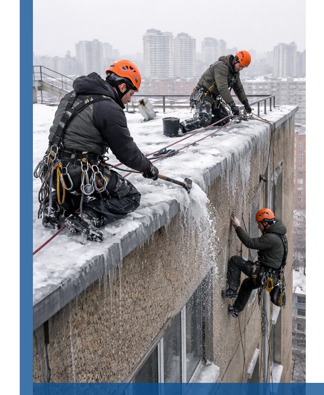 Удаление наледи с кровли в Люберцах промышленными альпинистами