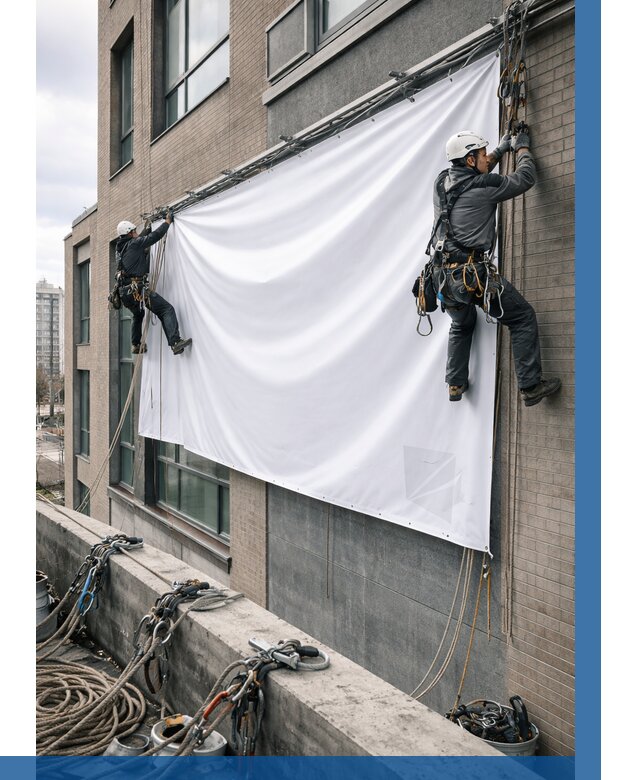 Монтаж баннеров на фасаде в Люберцах от 684 р. заказать ВЫСОТНИК-Люб