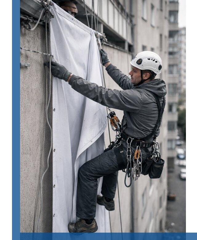 Замена баннерного полотна промышленными альпинистами в Люберцах