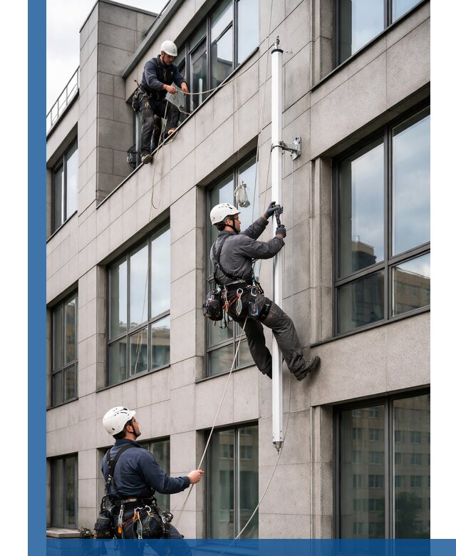 Монтаж флагштока на фасаде здания с креплением и герметикой в Люберцах