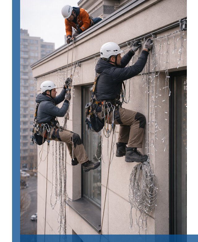 Монтаж праздничных гирлянд на фасаде в Люберцах для зданий