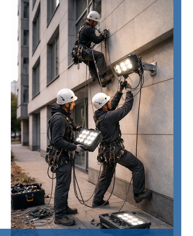 Монтаж прожекторов на фасаде в Люберцах от 7891 р. | ВЫСОТНИК-Люб