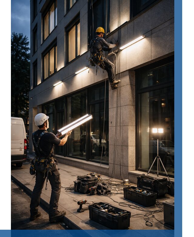 Монтаж архитектурной подсветки здания в Люберцах от 2630 р.|ВЫСОТНИК-Люб