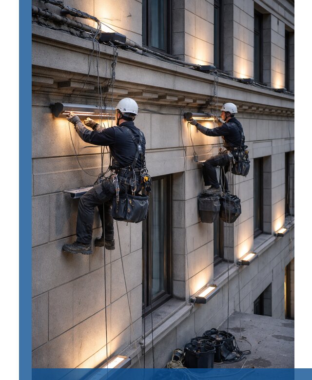 Монтаж архитектурной подсветки фасадов зданий в Люберцах