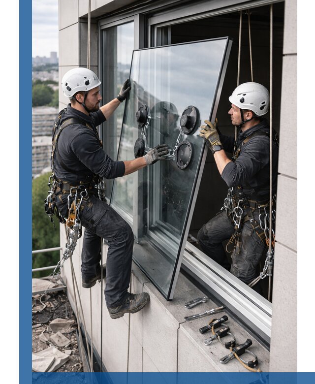 Замена стеклопакетов на высоте с промышленными альпинистами в Люберцах