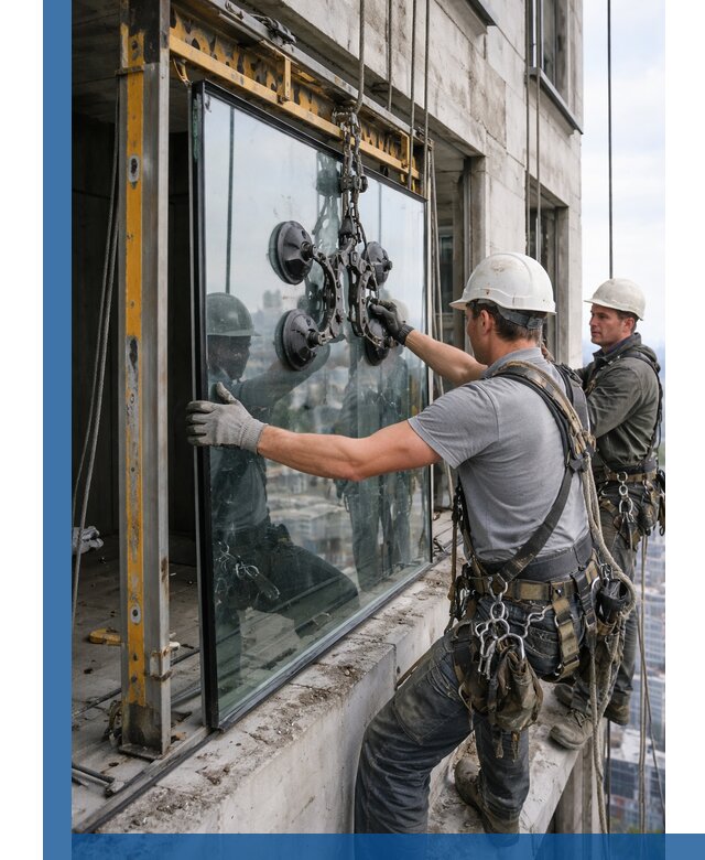 Монтаж стеклопакетов на высоте в Люберцах с промышленным альпинизмом