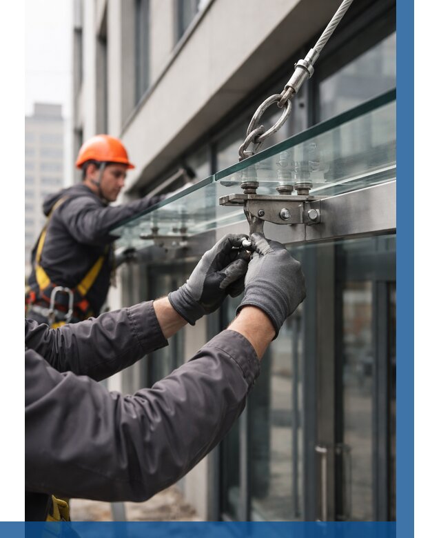 Монтаж стеклянных козырьков в Люберцах от 8943 р. | ВЫСОТНИК-Люб