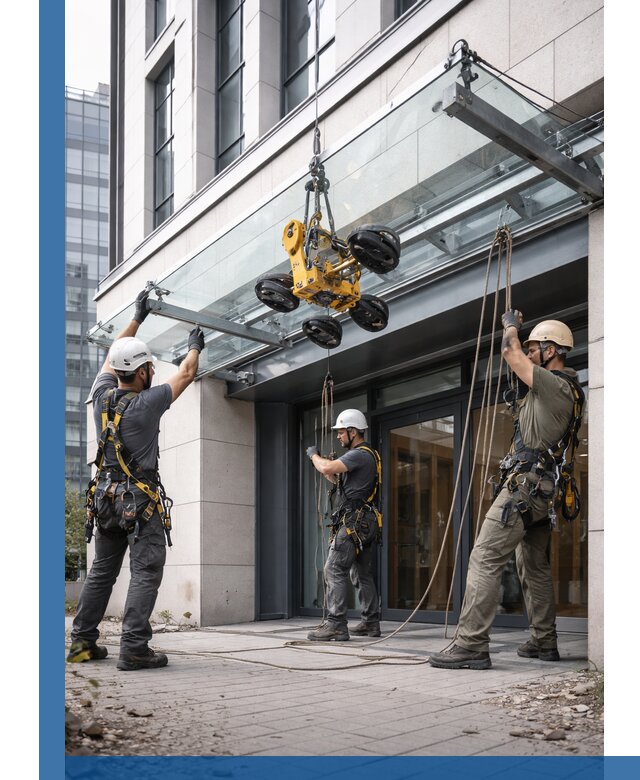 Монтаж стеклянных козырьков под ключ в Люберцах для зданий