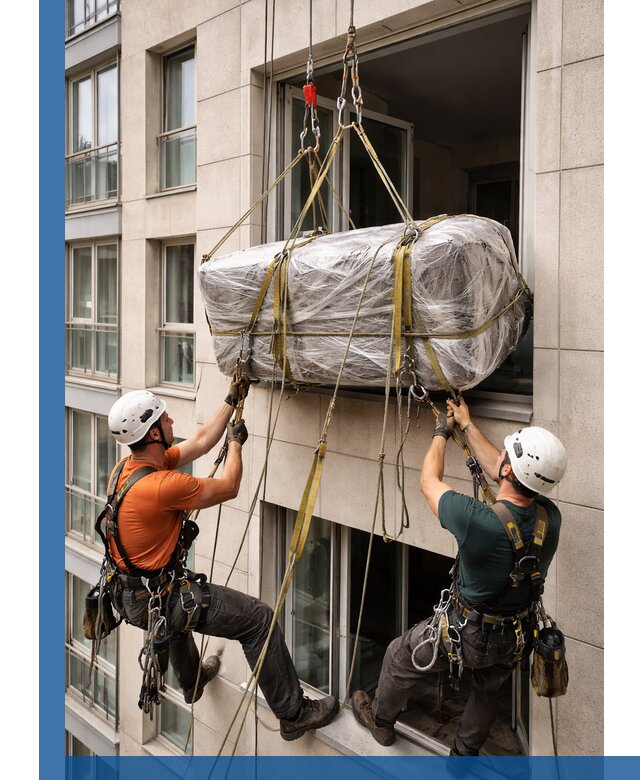 Подъем грузов через окно в Люберцах промышленными альпинистами