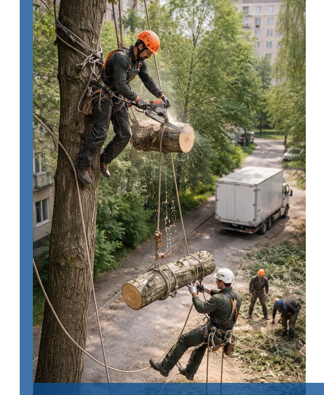 Спил деревьев альпинистами в Люберцах, безопасно и без повреждений