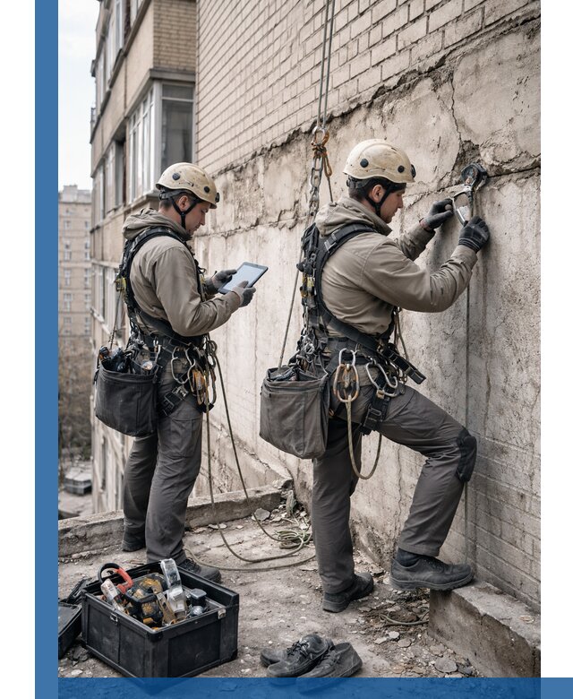 Обследование фасада промышленными альпинистами в Люберцах